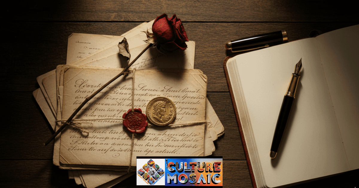 A conceptual flat lay representing the most famous historical couples, featuring ancient coins, handwritten letters, and romantic artifacts in warm, archival lighting.