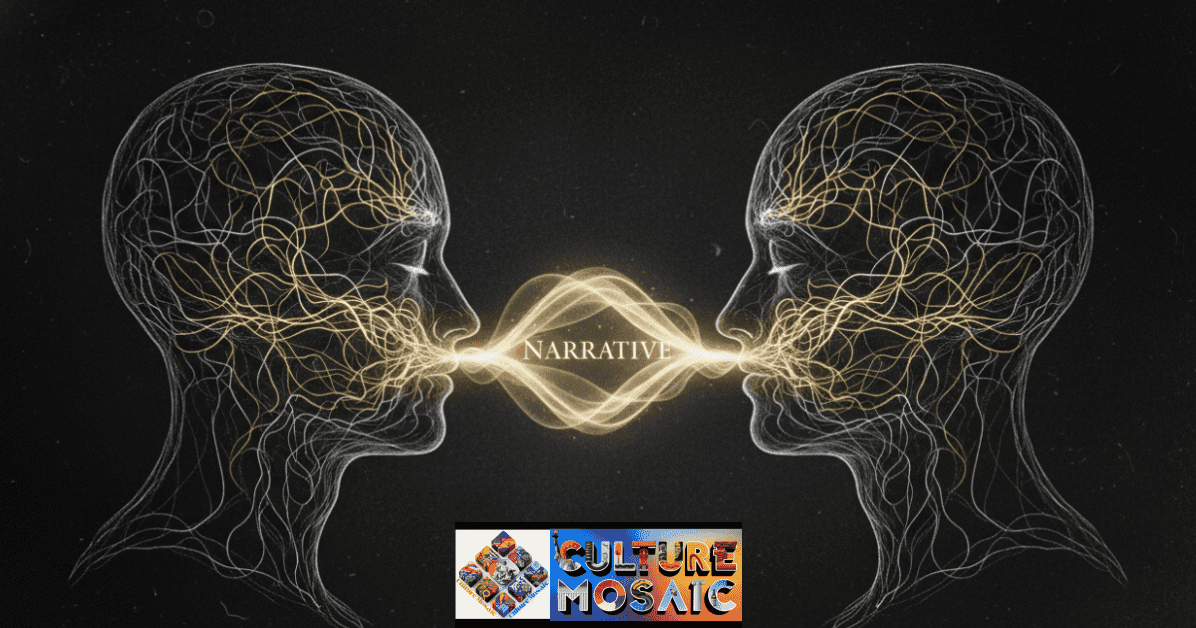 A conceptual illustration of neural coupling showing two people connected by glowing light waves, explaining why oral storytelling is important for brain synchronization.