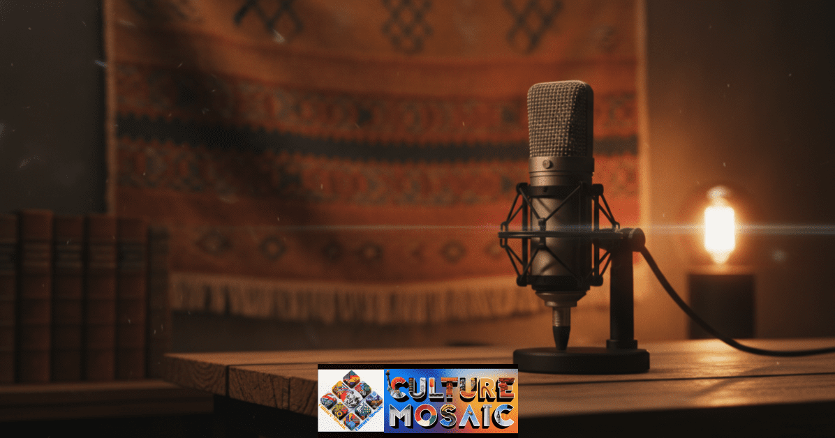 why is oral storytelling important: A professional microphone on a rustic wooden desk, symbolizing the modern resurgence of oral storytelling through audio media.