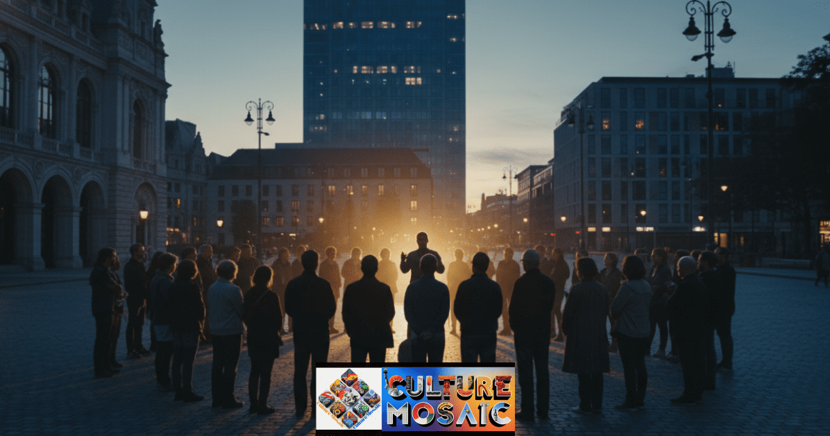 A communal gathering in a city square at night, demonstrating why oral storytelling is important for civic identity and social cohesion.