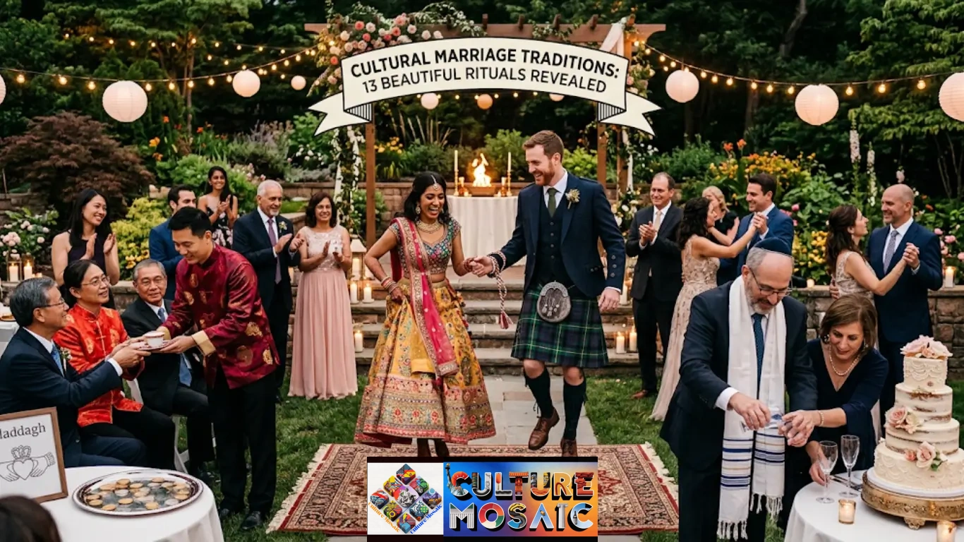 A vibrant, panoramic photograph of a multicultural wedding celebration in an illuminated garden at dusk, showcasing the fusion of diverse cultural marriage traditions. A South Asian and Celtic couple jumps a broom, surrounded by guests performing various global rituals like a Chinese tea ceremony, handfasting, and a Jewish wine glass ceremony. A decorative banner with "CULTURAL MARRIAGE TRADITIONS" is displayed.