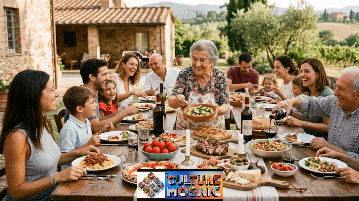 A multi-generational Italian family sharing a rich feast on a rustic outdoor table in Tuscany, celebrating Italian Culinary Traditions.