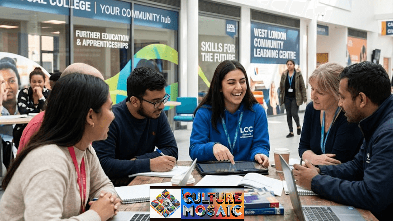 local community colleges: A diverse group of UK students and adults collaborate around a table in a modern college atrium featuring large banners for Further Education and Community Learning.
