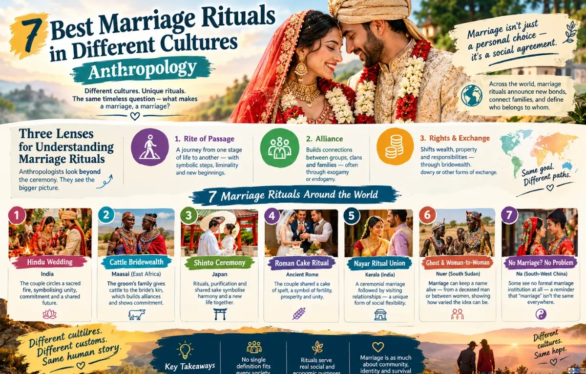 Infographic overview of Marriage Rituals in Different Cultures Anthropology perspective, featuring 7 global examples including Hindu weddings, Maasai cattle bridewealth, Shinto ceremonies, Roman cake rituals, Nayar unions, Nuer ghost marriages, and Na customs.