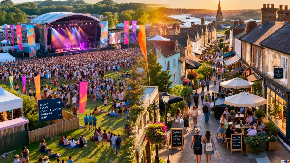 What Is the Economic Impact of Music Festivals? Split view of a lively music festival stage alongside a bustling village main street, illustrating what the economic impact of music festivals is on local businesses.