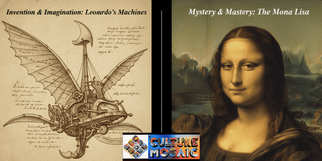 A split-screen visual comparing Leonardo da Vinci’s sketch of a flying machine with a modern high-resolution photo of the Mona Lisa.