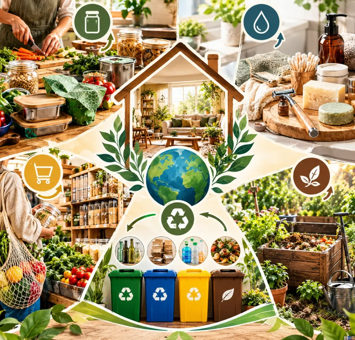 Illustrated collage of zero waste home ideas featuring kitchen meal prep in glass jars, eco-friendly bathroom products, net grocery shopping bags, sorted recycling bins, and outdoor garden composting.