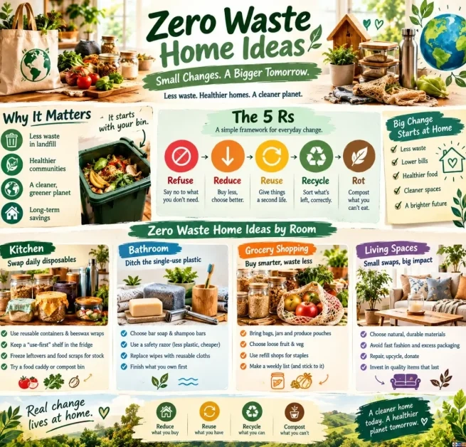 An infographic detailing zero waste home ideas including the 5 Rs framework (Refuse, Reduce, Reuse, Recycle, Rot) and room-by-room waste reduction tips for the kitchen, bathroom, grocery shopping, and living spaces.