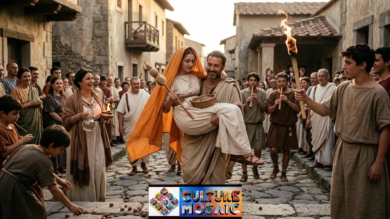 A detailed depiction of Ancient Roman Wedding Traditions in a street procession. A groom in a toga carries his bride, who wears a traditional saffron-orange flammeum veil and tunica recta, over a raised stone threshold. They are surrounded by a crowd including musicians playing pipes and a torchbearer. Children gather nuts from the cobbled street, a key ritualistic element of the deductio.