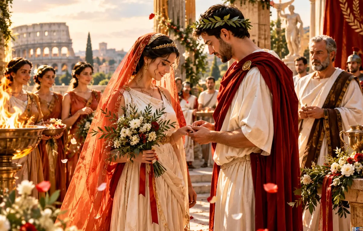 Ancient Roman wedding ceremony showing a bride wearing a flame-colored veil (flammeum) and golden circlet, exchanging rings with a groom wearing a laurel wreath and toga, with the Roman Colosseum in the background.