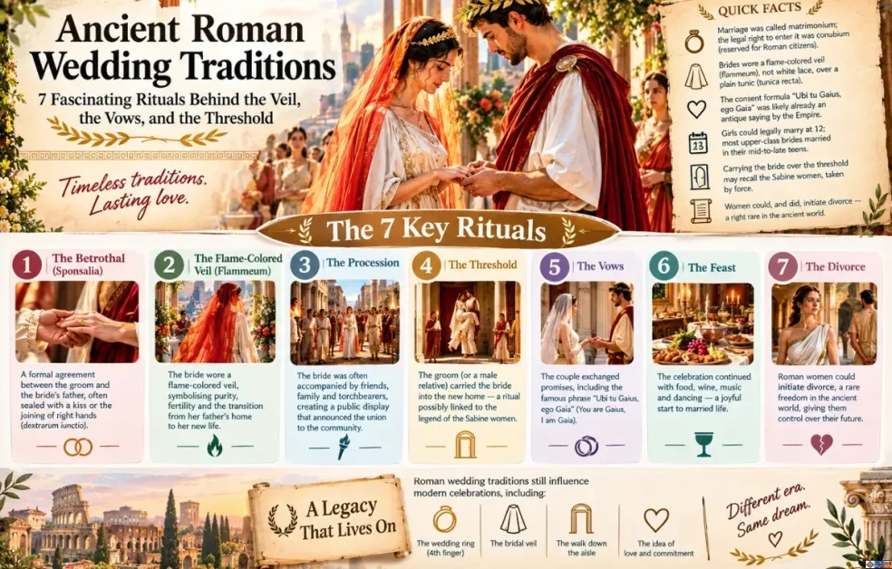 Comprehensive infographic titled 'Ancient Roman Wedding Traditions: 7 Fascinating Rituals', illustrating Roman matrimonial rites including sponsalia betrothal, the flame-colored flammeum veil, wedding procession, carrying the bride over the threshold, vows, feast, and divorce rights.