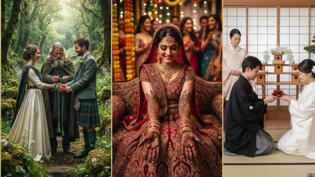 A collage showcasing the best wedding traditions worldwide including Celtic handfasting, Indian henna, and Japanese San-san-kudo.