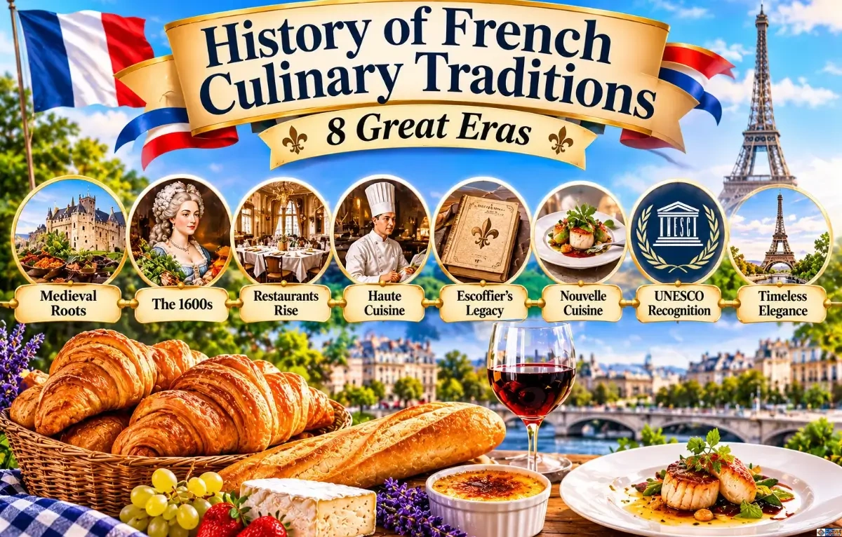 History of French Culinary Traditions infographic showing 8 key eras alongside French pastries, wine, and Paris landmarks