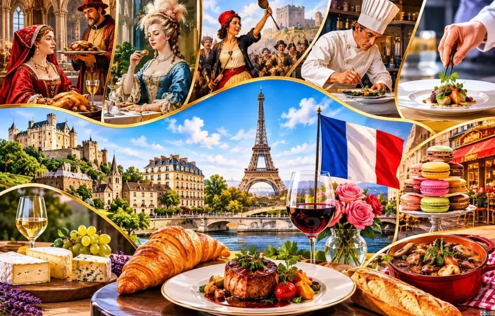 History of French Culinary Traditions depicted through a montage of medieval feasts, royal banquets, Parisian chefs, and classic French dishes