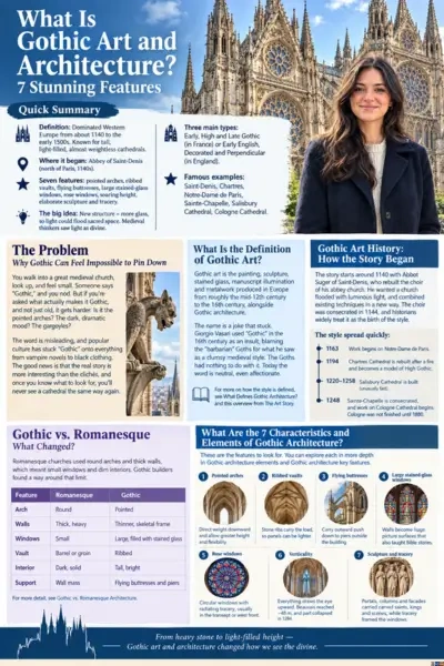 An infographic titled "What Is Gothic Art and Architecture? 7 Stunning Features" explaining medieval cathedrals, definitions, history, and elements.