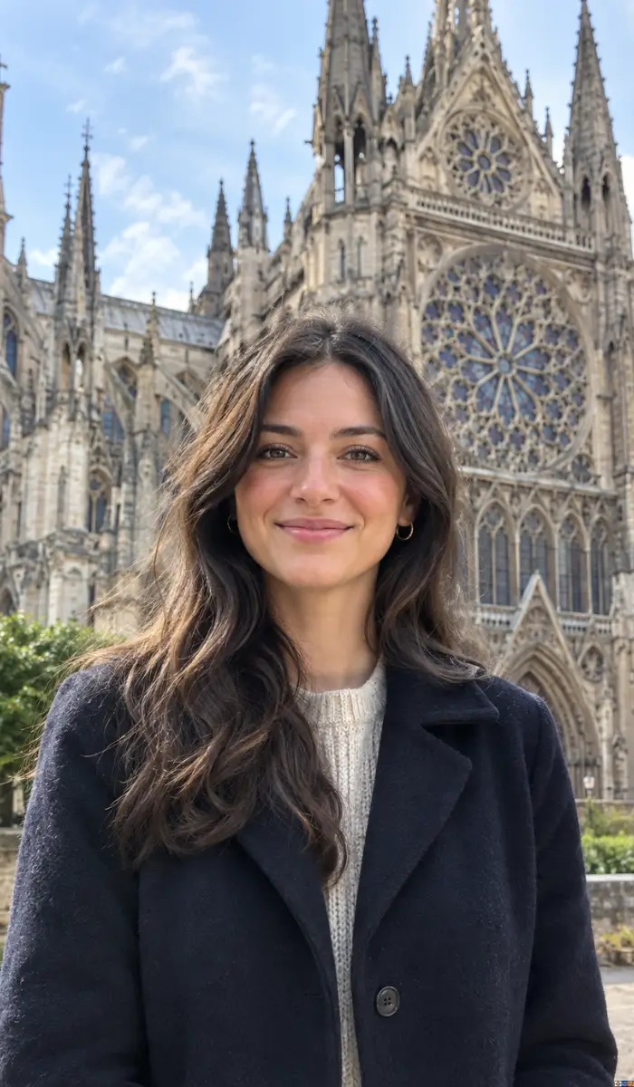 A smiling visitor standing in front of a grand Gothic cathedral featuring intricate stone facades and a large rose window.