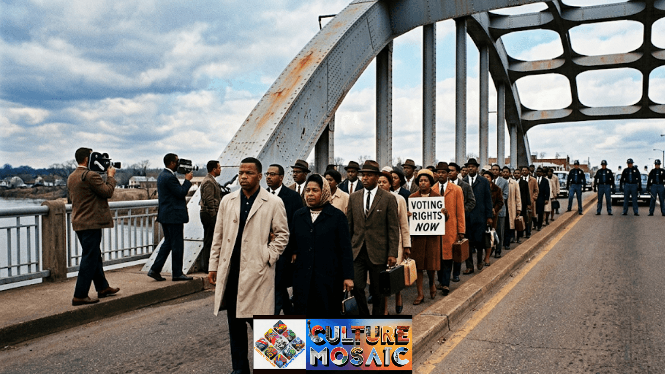 A historical photograph on the Edmund Pettus Bridge shows John Lewis and other civil rights activists marching toward a line of Alabama state troopers. A sign reads, "VOTING RIGHTS NOW." This scene visualizes the origins of What Was Voting Rights Act of 1965?