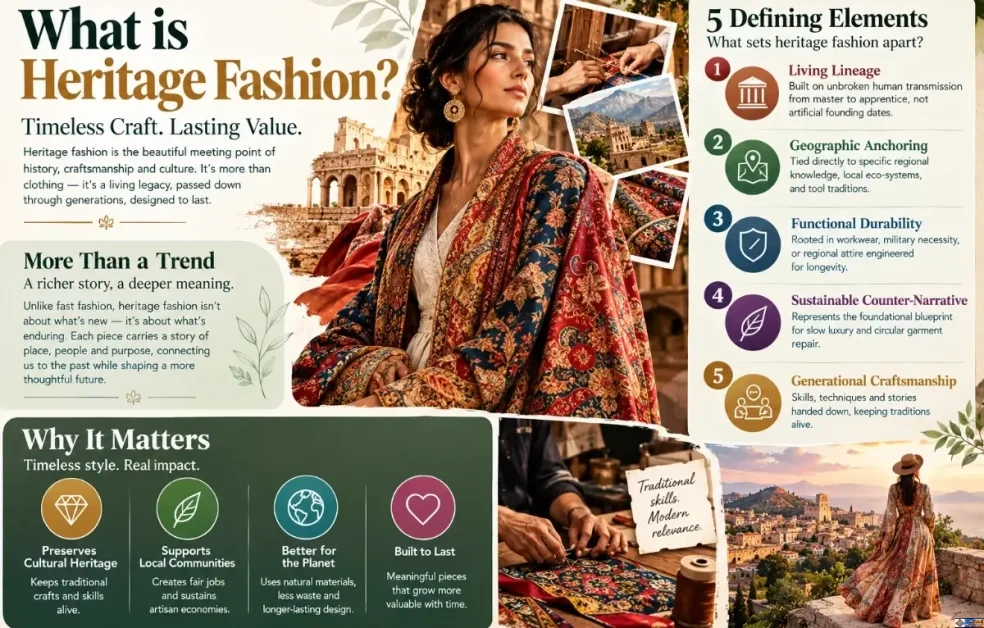 what is heritage fashion infographic defining timeless craft cultural lineage and sustainable artisan craftsmanship