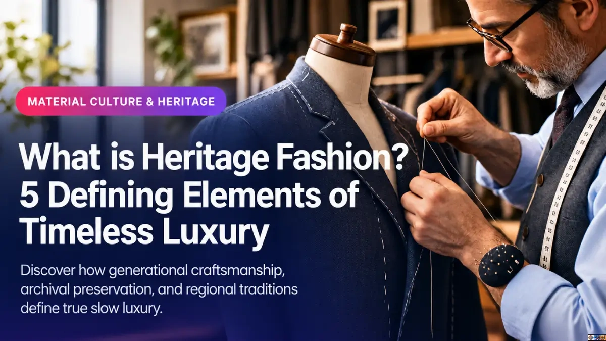 Tailor hand-stitching a navy suit jacket on a mannequin with title text overlay reading "What is Heritage Fashion? 5 Defining Elements of Timeless Luxury."