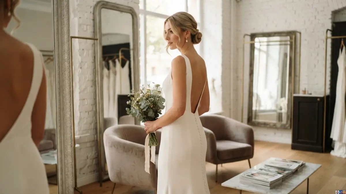 Affordable Wedding Dresses Europe: Bride in an affordable European wedding dress featuring a modern minimalist silhouette inside a sunlit boutique