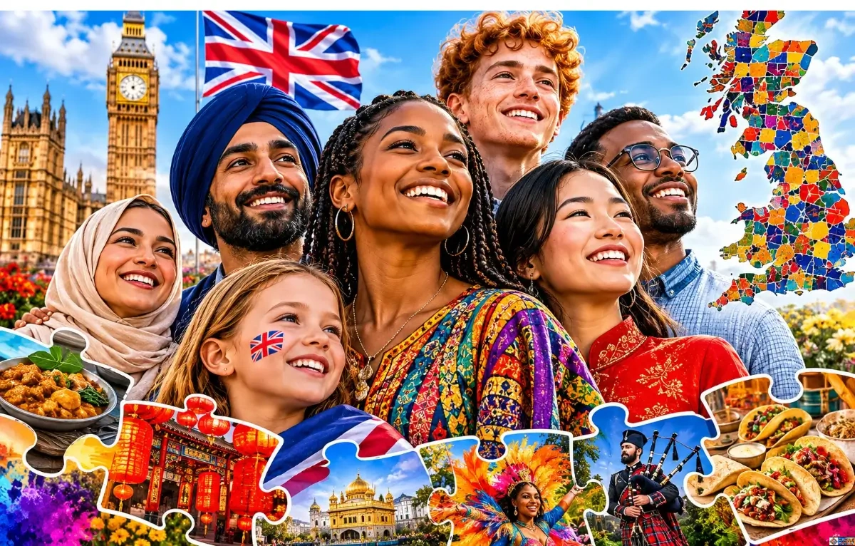 Culture Mosaic: A diverse group of smiling people in London with Big Ben, a mosaic map of the UK, and puzzle pieces highlighting global food, architecture, and cultural traditions.