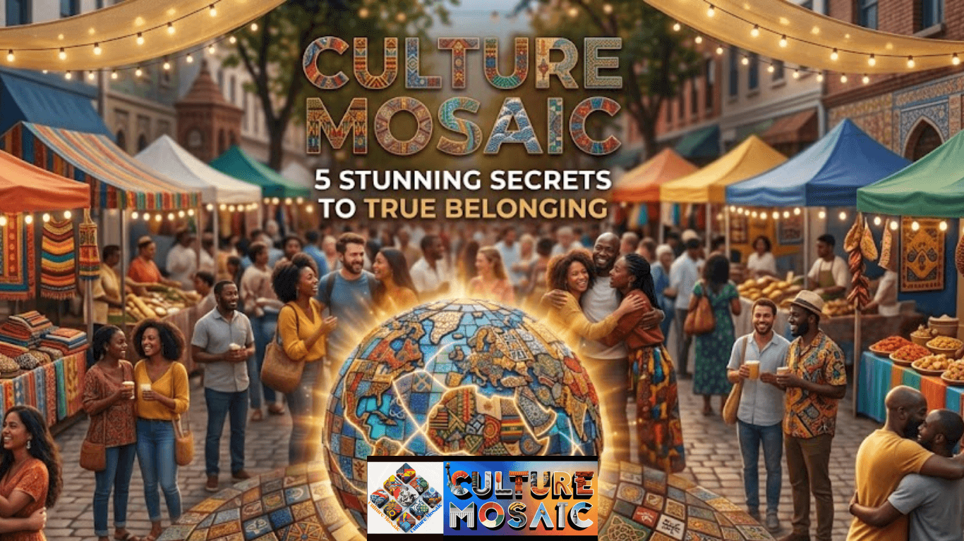 Vibrant globe-shaped glass culture mosaic with diverse global patterns glowing with golden light at the seams, symbolizing unity and true belonging.