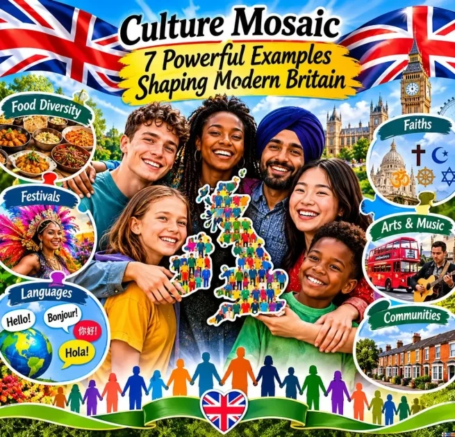 Infographic titled Culture Mosaic: 7 Powerful Examples Shaping Modern Britain, featuring a diverse group holding a UK map puzzle surrounded by food diversity, festivals, languages, faiths, arts and music, and communities.