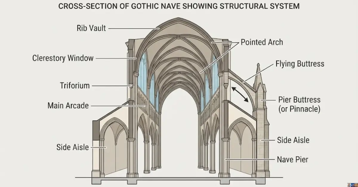 Architectural cross-section diagram of a Gothic cathedral nave labeling key structural components including the rib vault, pointed arch, flying buttress, clerestory window, and nave pier.