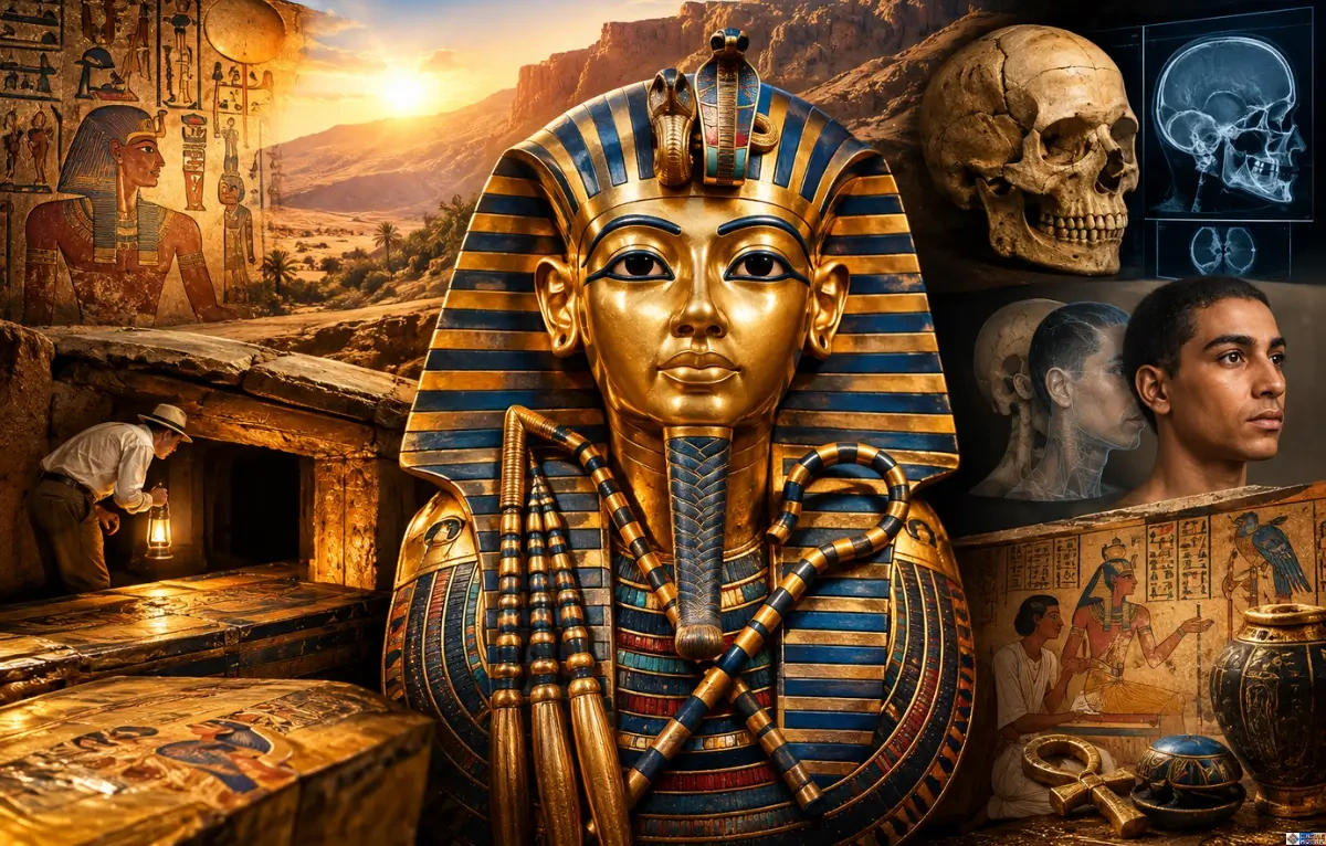 Composite image illustrating the investigation into how King Tut died, featuring his golden funerary mask, Howard Carter discovering tomb KV62, CT scans, and a facial forensic reconstruction.