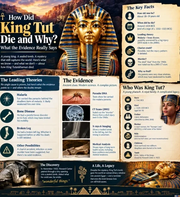 An infographic titled 'How Did King Tut Die and Why?' summarizing the archaeological and forensic evidence surrounding King Tutankhamun's death. It presents leading theories like malaria, bone disease, and a broken leg, alongside evidence from CT scans, DNA tests, and X-rays, concluding that a combination of frail health and illness is the most likely cause