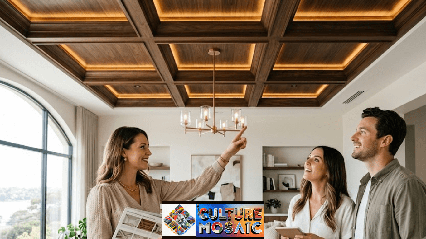 How Do I Choose a Ceiling Design: An interior designer points to a backlit wooden coffered ceiling while presenting to a young couple.