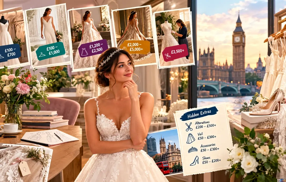 Infographic and editorial breakdown illustrating UK wedding dress price tiers from £100 high-street options to custom couture, alongside hidden alteration costs and London bridal market trends against a London backdrop