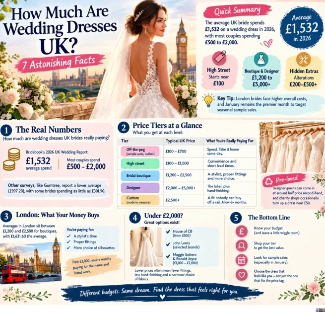 Comprehensive infographic titled "How Much Are Wedding Dresses UK? 7 Astonishing Facts" detailing average spend, price tiers, London market costs, pre-loved options, and a quick summary box.