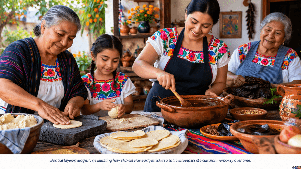 Mexican women and a young girl shaping corn tortillas on a metate and stirring mole, showcasing the importance of food in Mexican culture and ancestral heritage.