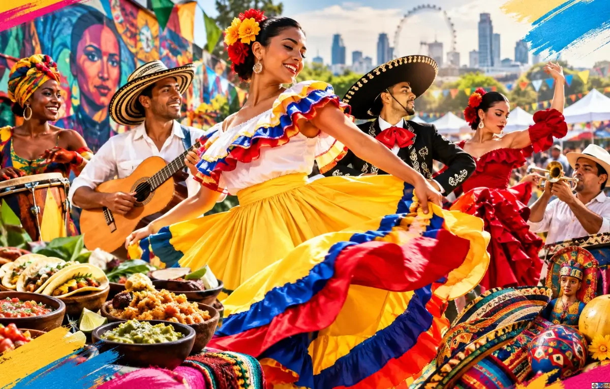 Dancers in vibrant traditional attire, musicians with a guitar, and regional cuisine celebrating a Latino cultural festival in a London park.