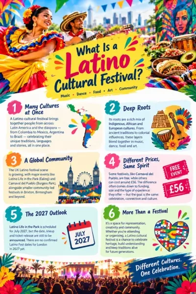 Infographic titled "What Is a Latino Cultural Festival?" breaking down key facts including roots, UK events, and the 2027 outlook.