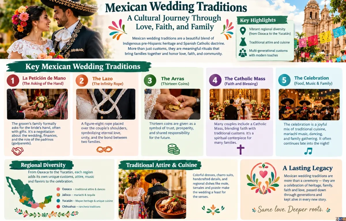 Infographic illustrating Mexican wedding traditions, including la petición de mano, the lazo, thirteen arras coins, Catholic ceremony, mariachi and family celebrations, regional diversity, traditional attire, and cuisine.