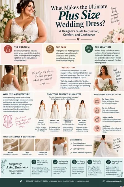 Infographic guide titled What Makes the Ultimate Plus Size Wedding Dress?, detailing architecture, silhouettes like A-line and mermaid, fabrics like Mikado and crepe, and bridal FAQs.