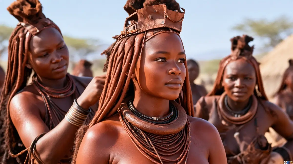 A young Himba bride wearing a traditional leather Erembe headdress, red ochre otjize paste, and heavy beaded necklaces as part of Red Clay Tribe wedding traditions.