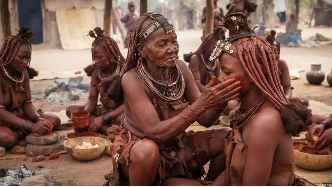 An elder Himba woman applying red ochre paste (otjize) to a young bride wearing an Erembe leather headdress during Red Clay Tribe wedding traditions.