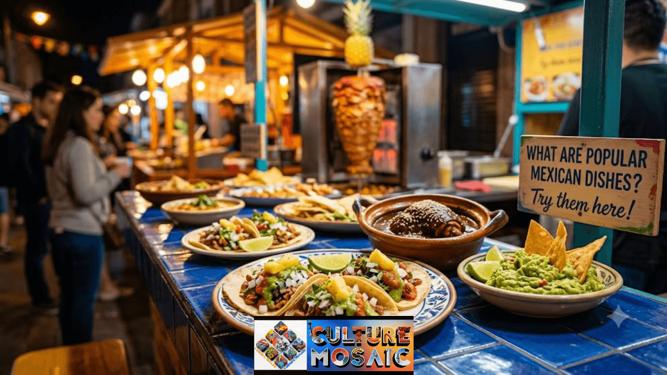 A vibrant street food stall counter at night displays various popular Mexican dishes including Tacos al Pastor on blue-tiled surfaces, with a sign reading 'WHAT ARE POPULAR MEXICAN DISHES? Try them here!'