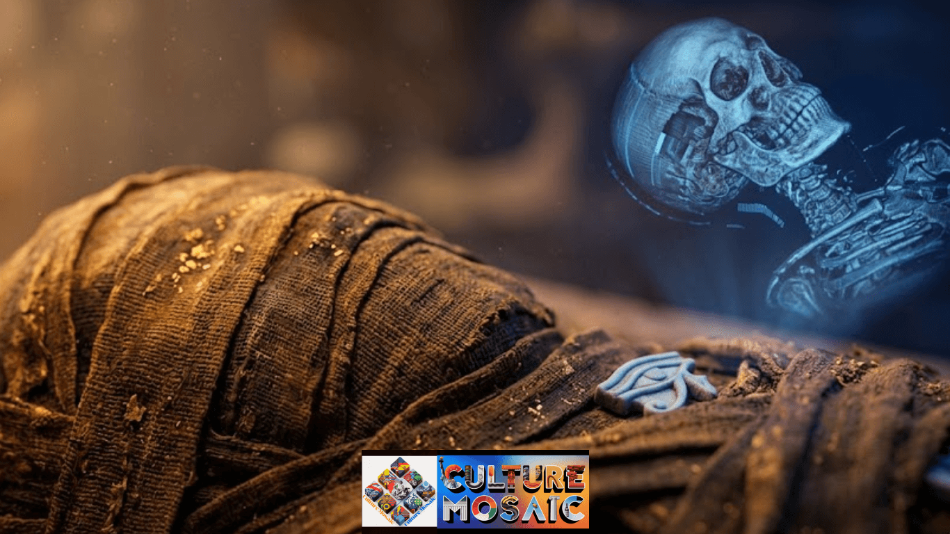 What Is Mummy in History? Detailed close-up of textured ancient Egyptian mummification linens with gold flecks, juxtaposed against a floating blue digital CT scan projection of the skull and spine, illustrating the intersection of archaeology and modern science.