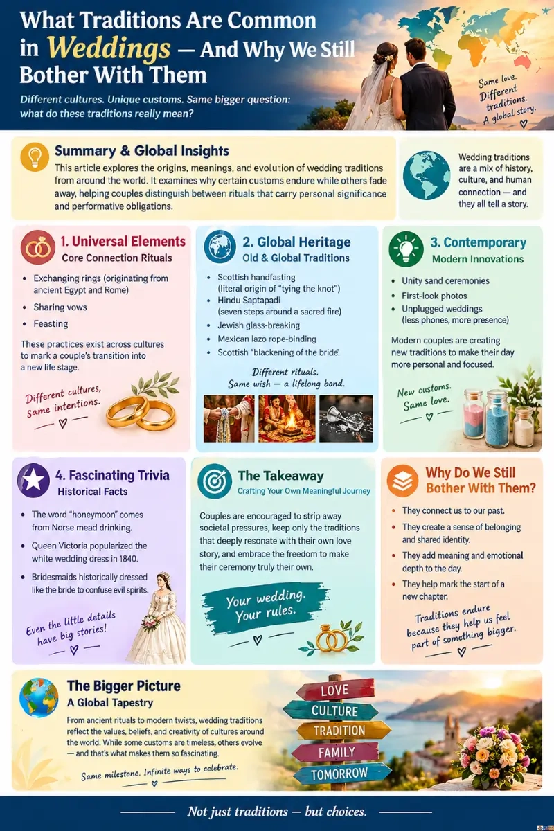 What Traditions Are Common in Weddings — Infographic explaining common wedding traditions around the world, including universal rituals such as rings, vows, and feasting; cultural traditions such as Scottish handfasting, Hindu Saptapadi, Jewish glass-breaking, and Mexican lazo; modern practices such as unity ceremonies, first-look photos, and unplugged weddings; historical wedding trivia; and the idea of choosing traditions that are personally meaningful.