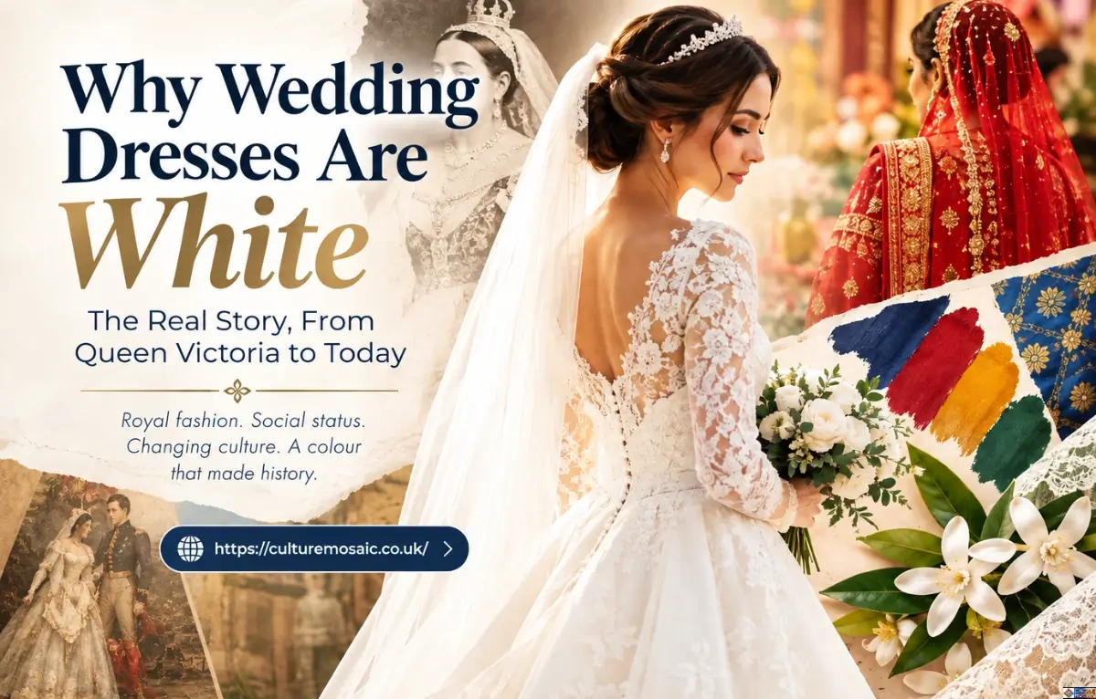 Why wedding dresses are white - Editorial wedding collage featuring a bride in a white lace gown, Queen Victoria, a traditional red bridal outfit, colorful textiles and flowers, illustrating the history and cultural meaning of white wedding dresses.