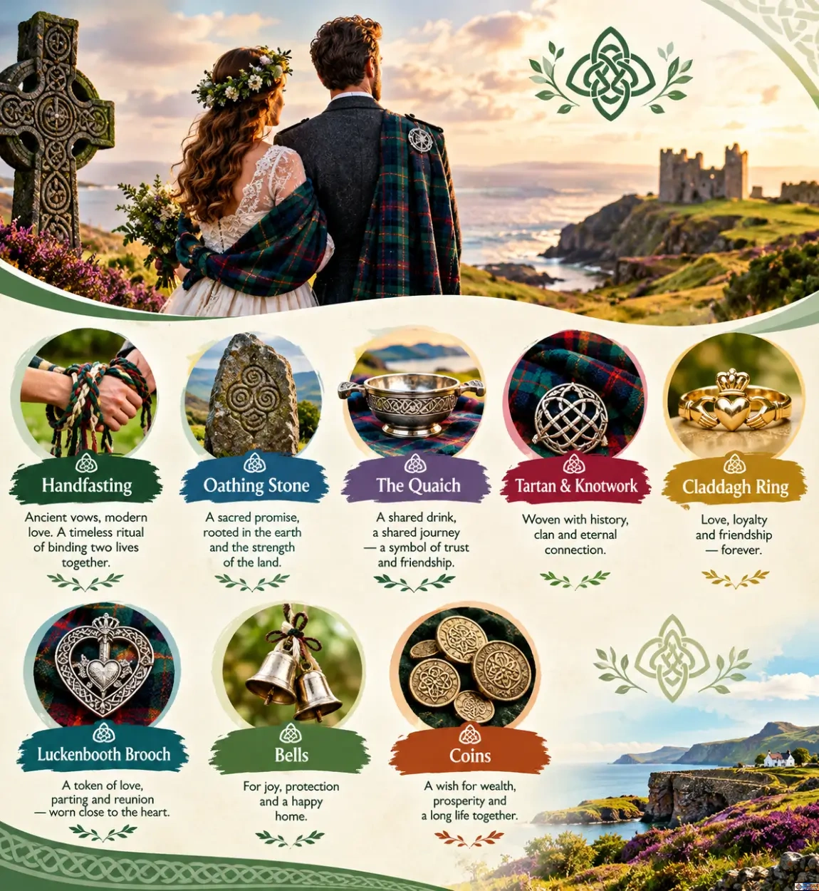 Infographic titled "Celtic Wedding Traditions and Customs," featuring a couple in traditional attire overlooking a coastal landscape, and illustrating key customs including handfasting, oathing stones, the quaich, tartan knotwork, Claddagh rings, Luckenbooth brooches, bells, and coins.