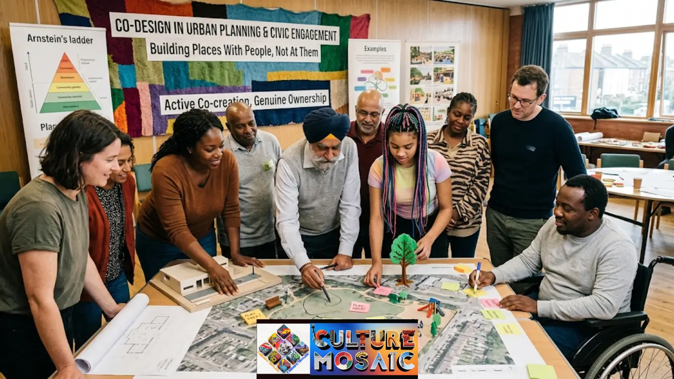Co-Design in Urban Planning and Civic Engagement: A diverse community group and urban planners collaborate around a large map in a co-design workshop, with a banner in the background reading "CO-DESIGN IN URBAN PLANNING & CIVIC ENGAGEMENT" and "Building Places With People, Not At Them".