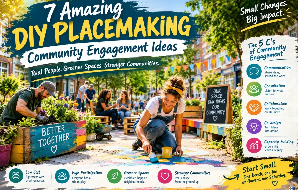 A vibrant promotional graphic for "7 Amazing DIY Placemaking Community Engagement Ideas" showing people painting pavement art and planting flowers in an urban street, featuring sidebar text highlighting the "5 C's of Community Engagement" and the tagline "Real People. Greener Spaces. Stronger Communities.