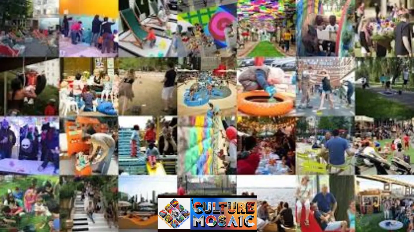 Local residents participating in DIY placemaking community engagement by building wooden pallet seating, painting street art, and planting urban gardens.