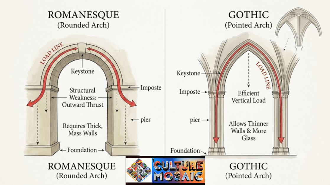 An architectural diagram comparing Romanesque and Gothic structural systems side-by-side. On the left, a Romanesque rounded arch shows red "LOAD LINE" arrows pushing horizontally outwards, labeled with "Structural Weakness: Outward Thrust" and "Requires Thick, Mass Walls". On the right, a Gothic pointed arch diagram shows red "LOAD LINE" arrows directed vertically downwards, labeled with "Efficient Vertical Load" and "Allows Thinner Walls & More Glass". Text labels identify the keystone, imposte, pier, and foundation on both sides.