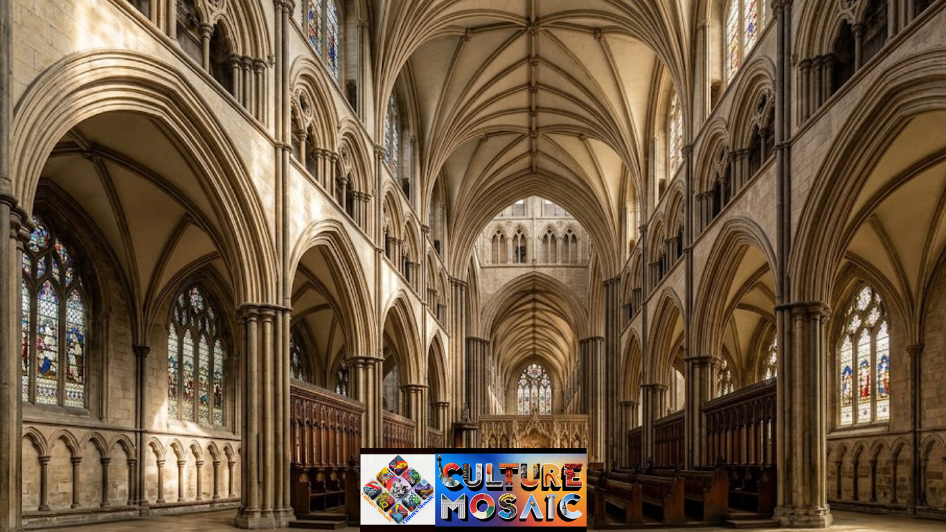 A wide interior view looking down the nave of a historic British cathedral, highlighting defining English Gothic architecture characteristics. Sunlight streams through large, intricate stained-glass windows, illuminating the complex ribbed vaults crossing the ceiling, which are supported by elegant pointed arches and slender columns.